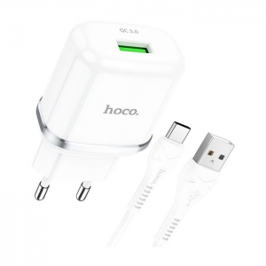 Cestovní nabíječ HOCO N3 Single port, QC 3.0, 18W, kabel USB Typ C, barva bílá