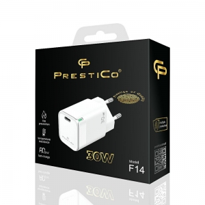 Cestovní nabíječ Prestico F14, 1x USB Typ C, PD 30W QC 3.0, white