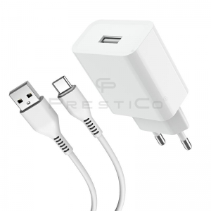Cestovní nabíječ Prestico F6S, 1x USB, PD 2,4A + kabel USB Typ C, white
