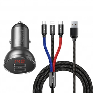 CL adaptér Baseus TZCCBX-0G, 2x USB 4,8A 24W displej, USB kabel 3v1 (Micro, Lightning, Typ C), černá