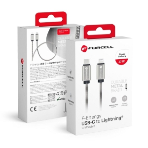 Datový kabel Forcell Metal, USB TYP C na Lightning, QC 3.0, PD 27W, silver