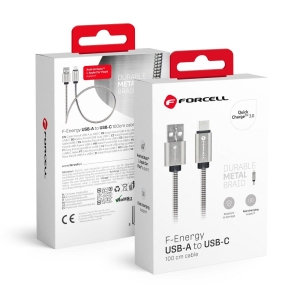 Datový kabel Forcell Metal, USB A na USB C, 2,4A, délka 1m, barva stříbrná