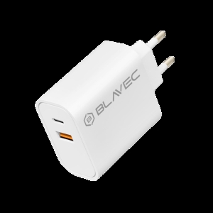 Cestovní nabíječ Blavec, 1x USB A, 1x USB C, PD 20W, QC 3.0, bílá