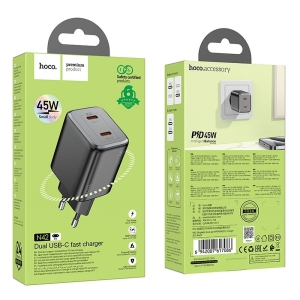 Cestovní nabíječ HOCO N42 GaN, 2x USB C, QC 3.0 PD 45W (1x 25W, 1x 20W), barva černá