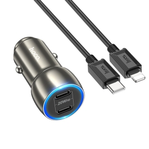 CL adaptér HOCO Z48, 2x USB C, QC 3.0 PD 40W, kabel USB C na Lightning, barva metal grey