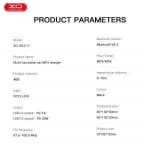 Transmitér FM Bluetooth XO (BCC10) 1x USB A 1x USB C, PD 30W, barva černá