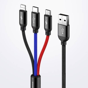 Datový kabel 3v1 Baseus (CAMLT-BSY01), USB A na USB C, Micro USB, Lightning, délka 0,3m, barva černá