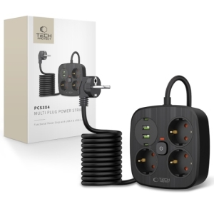 Cestovní nabíječ TechProtect PCS3X4, 2x USB, 2x USB C, 3x zásuvka, délka kabelu 200cm, barva černá