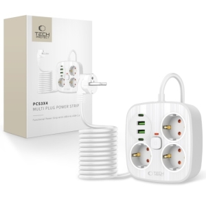 Cestovní nabíječ TechProtect PCS3X4, 2x USB, 2x USB C, 3x zásuvka, délka kabelu 200cm, barva bílá