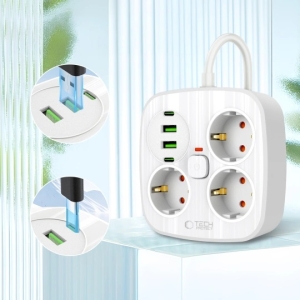 Cestovní nabíječ TechProtect PCS3X4, 2x USB, 2x USB C, 3x zásuvka, délka kabelu 200cm, barva bílá