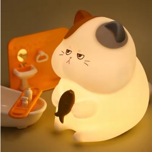 LED noční silikonová lampička Grumpy Cat, 3 režimy svícení, časovač, bílá