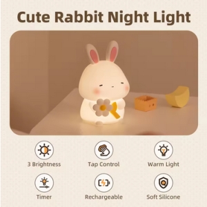 LED noční silikonová lampička Sleepy Bunny, 3 režimy svícení, časovač, bílá