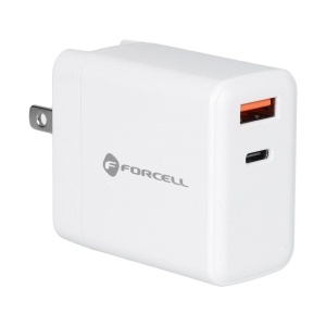 Forcell F-Energy 3v1 USB C + USB A, QC4.0 PD 45W se třemi vyměnitelnými zástrčkami (EU / UK / US) bílá