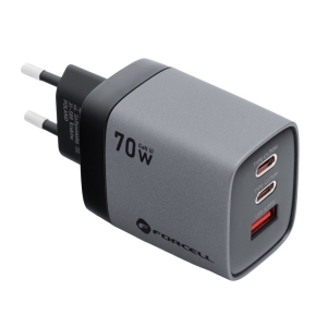 Nabíječka telefonu Forcell F-Energy GaN III 2 x USB C + USB A QC4.0 PD 70W SAM SFC2.0 s LCD displejem, šedá