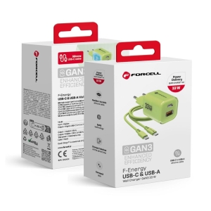 Nabíječka Forcell F-Energy GaN III Crystal Color USB C + USB A QC4.0 PD 33W + kabel USB C na USB C, zelená