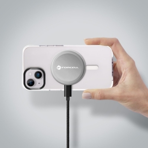 Forcell F-Energy Smart Charge USB C Qi2 15W MagSafe kompatibilní indukční nabíječka s odnímatelným 1,5m kabelem, stříbrná