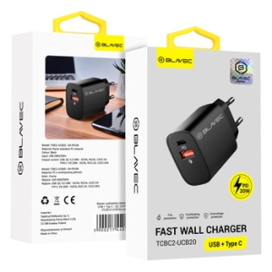 Cestovní nabíječ Blavec, 1x USB A, 1x USB C, PD 20W, QC 3.0, černá