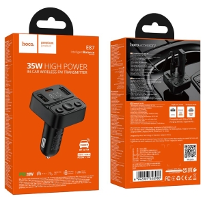 Transmiter FM Bluetooth Hoco E87, 1x USB A 1x USB C, PD 35W, QC 3.0, barva černá