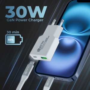 Cestovní nabíječ Prio GaN Power, 1x USB C 1x USB A, Fast charging 30W, kabel USB C na USB C, bílá
