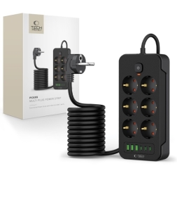 Cestovní nabíječ Tech-Protect PC6X6, 3x USB, 3x USB C, 6x zásuvka, délka kabelu 200cm, barva černá