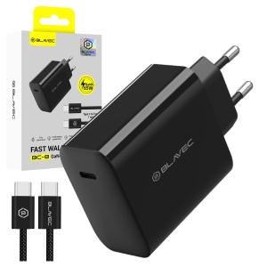 Cestovní nabíječ Blavec GaN4, 1x USB C, 1x USB, PD 65W, kabel USB C na USB C, černá