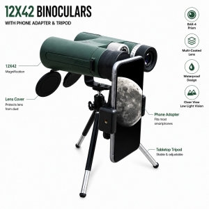 Binocular 12x42 se stativem a držákem na telefon, barva zelená