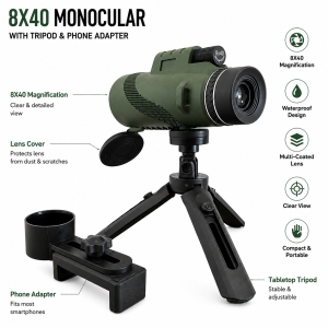 Monocular 8x40 se stativem a držákem na telefon, barva zelená