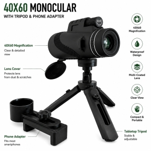 Monocular 40x60 se stativem a držákem na telefon, barva zelená
