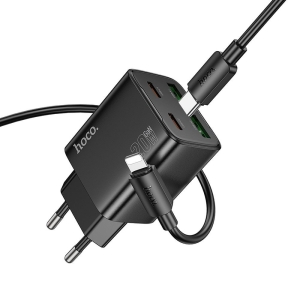 Cestovní nabíječ HOCO N55, 2x USB C, 2x USB A + Kabel USB C na Lightning, QC 3.0 PD 20W, barva černá