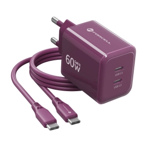 Nabíječka Forcell F-Energy GaN III Crystal Color 2x USB C AVS SSFC 3.0 60W + kabel USB C na USB C, burgund