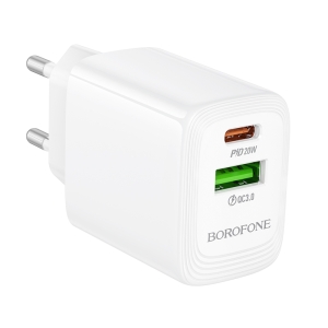 Cestovní nabíječ Borofone BN27 GaN, 1x USB A 1x USB C, PD20W QC 3.0, bílá