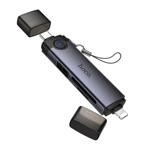 Čtečka paměťových karet Hoco HB56B, SD/TF, USB 2.0 + USB C - Lightning, šedá